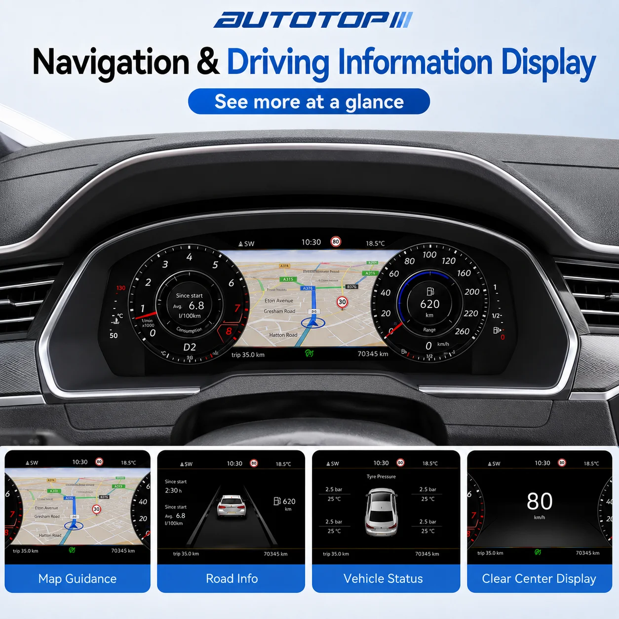 AUTOTOP - Panel de Instrumentos Digital Virtual de 12.3 Pulgadas para Volkswagen VW Passat B8/Magotan B8/CC/Arteon/Passat Variant 2015-2023, Actualización del Panel de Instrumentos LCD, CarPlay Inalámbrico, Android Auto, AirPlay, AutoLink, Velocímetro, Navegación GPS, Mapas en Línea, Música 7