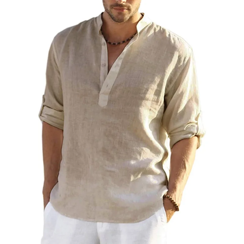 New Men's Linen Long Sleeve Shirt Solid Color Casual  Long Sleeve Cotton Linen Shirt Tops Size S-5XL 3