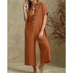 Women Solid Wide Leg Short Sleeve Elegant Jumpsuits Lady Summer Turn-down Collar Buttoned Jumpsuit Loose One-Piece Clothing