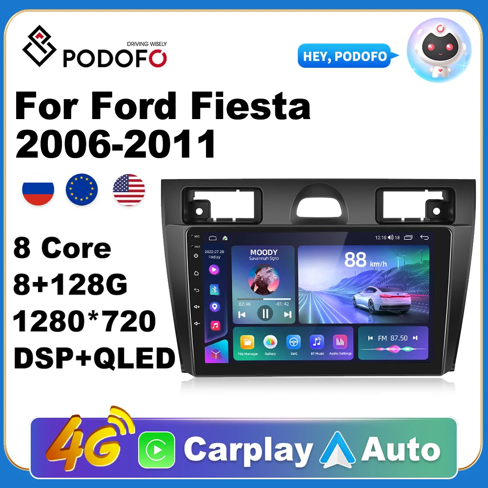 

Podofo 4G Carplay DSP RDS 2din Android 11 Car Radio Multimedia Video Player Navigation GPS For Ford Fiesta 2006-2011