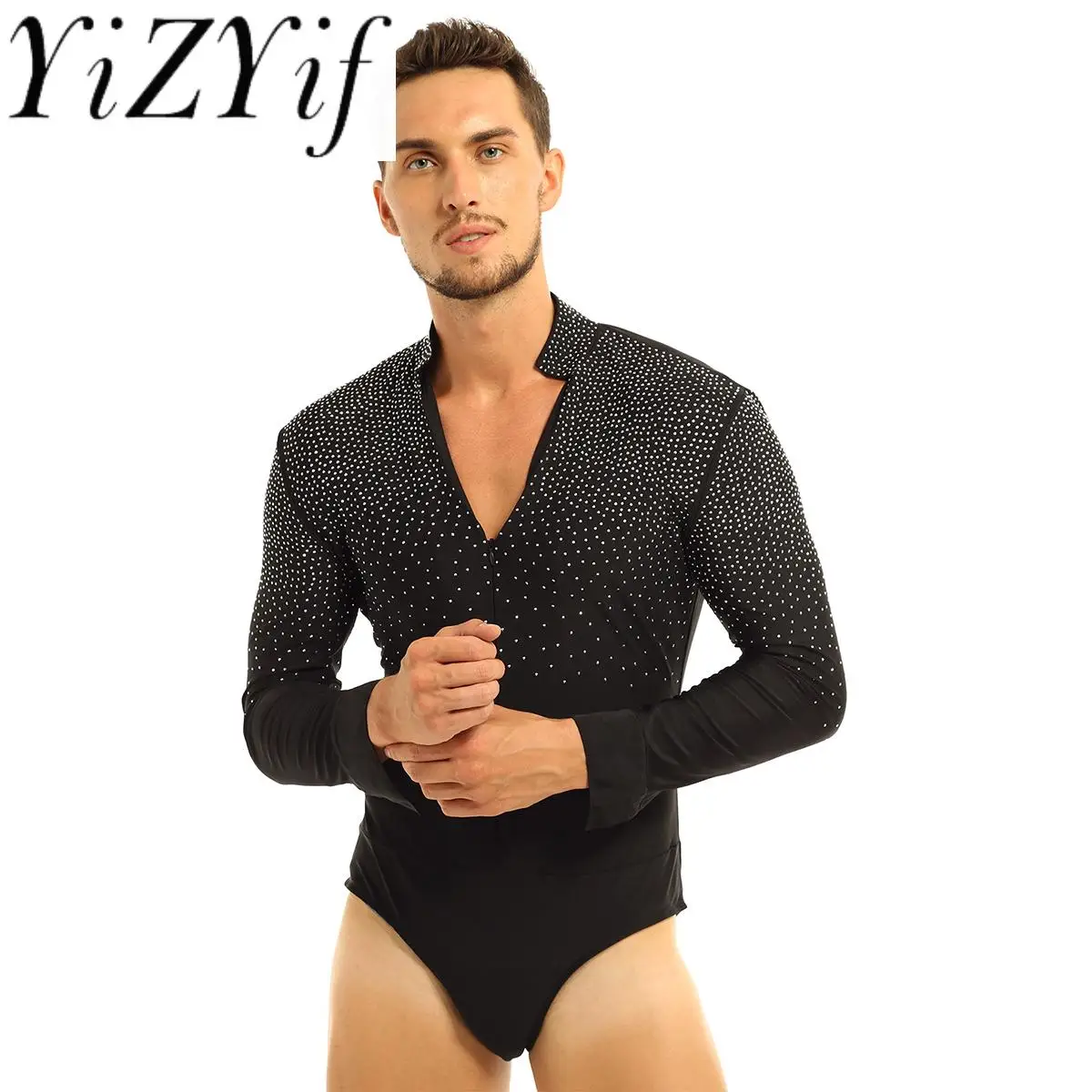 

Men Latin Tango Rumba Dance Shirt Gymnastics Leotard Bodysuit Rhinestones Ballroom Dancewear Shirt Top Halloween Costume Outfit