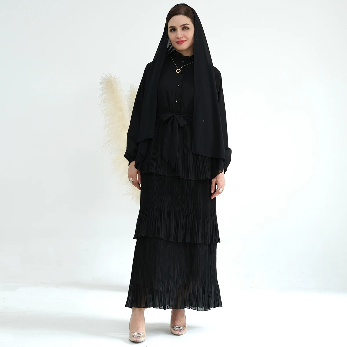 

Solid Black Chiffon Pleated Layer Frill Dress Button Front Dubai Turkey Abaya Muslim Woman Sweet Style Islam Party Ramadan Eid