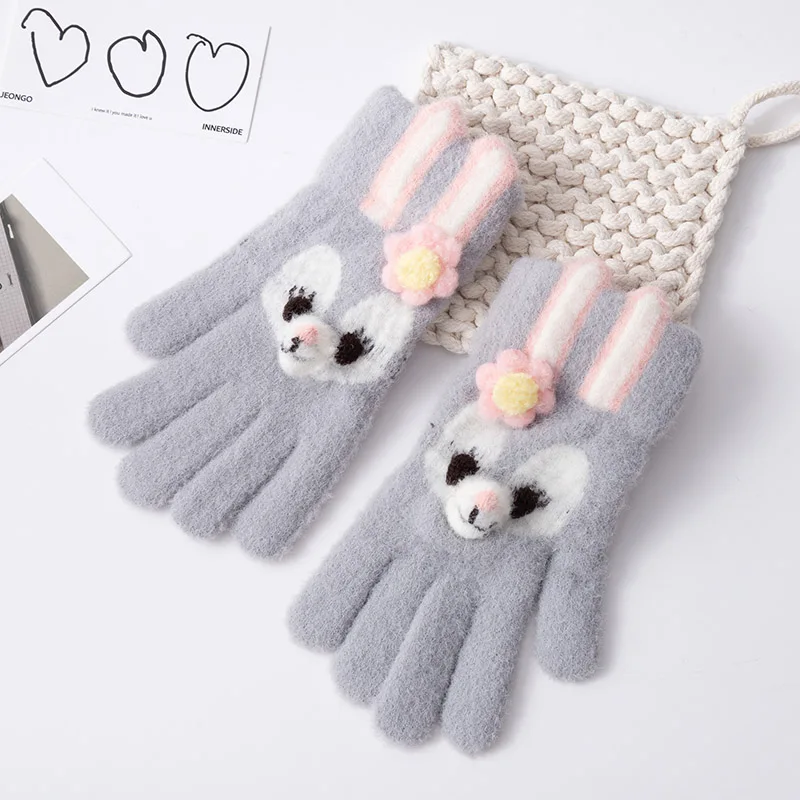 5-12 Years Winter Children Girl Gloves Knitted Warm Soft Cartoon Rabbit Full Finger Gloves Kids Outdoor Lovely Girl Mittens 5