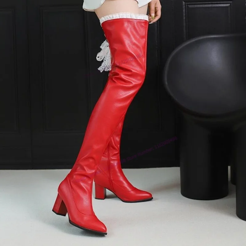 

Red Lace Decor Thigh High Boots Matte Leather Pointed Toe Shoes for Women Chunky Heels Christmas Shoes 2023 Zapatos Para Mujere