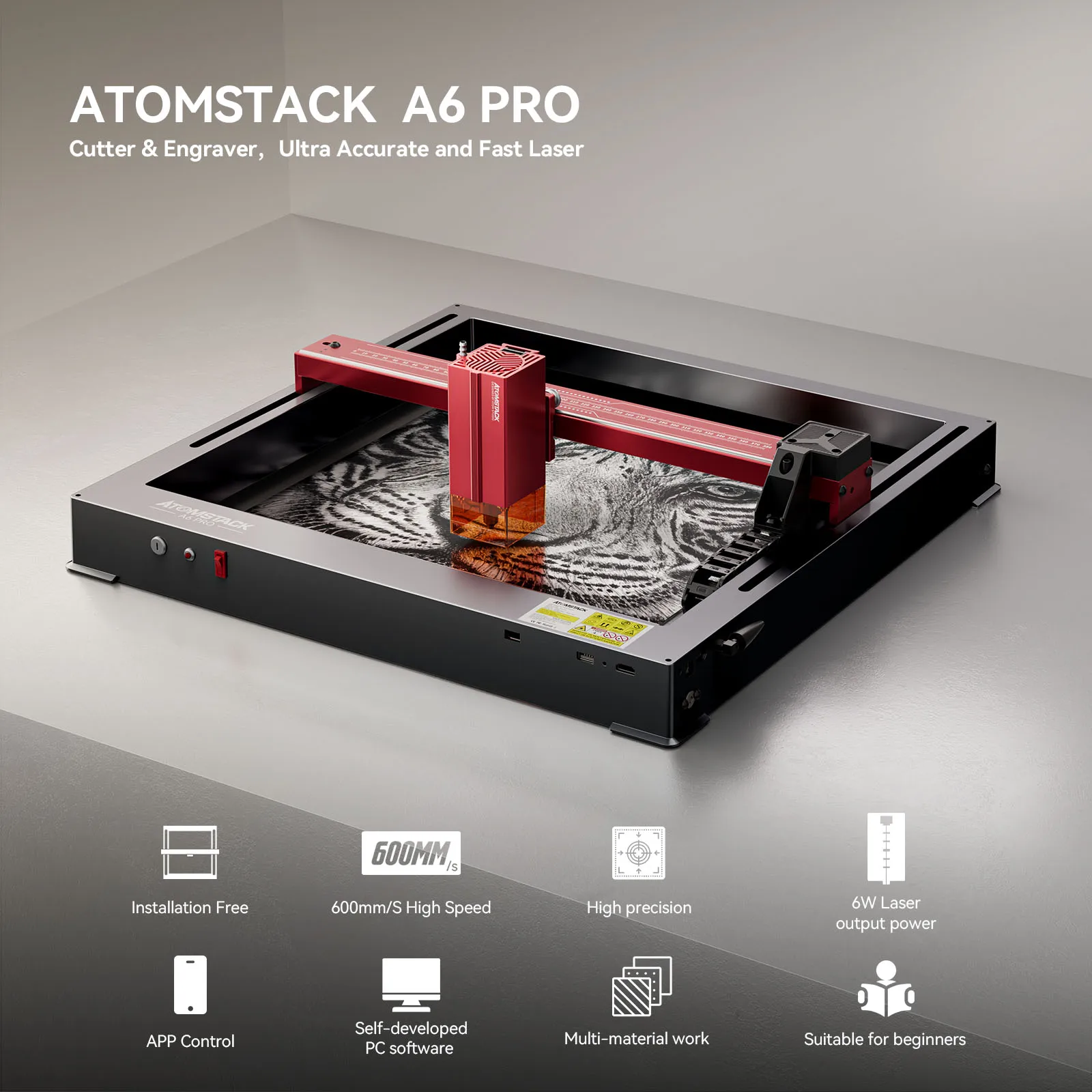 

ATOMSTACK A6 Pro Laser Engraving Machine 370x310mm Working Area Installation Free Design For Cutting and Engraving Wood Acrylic