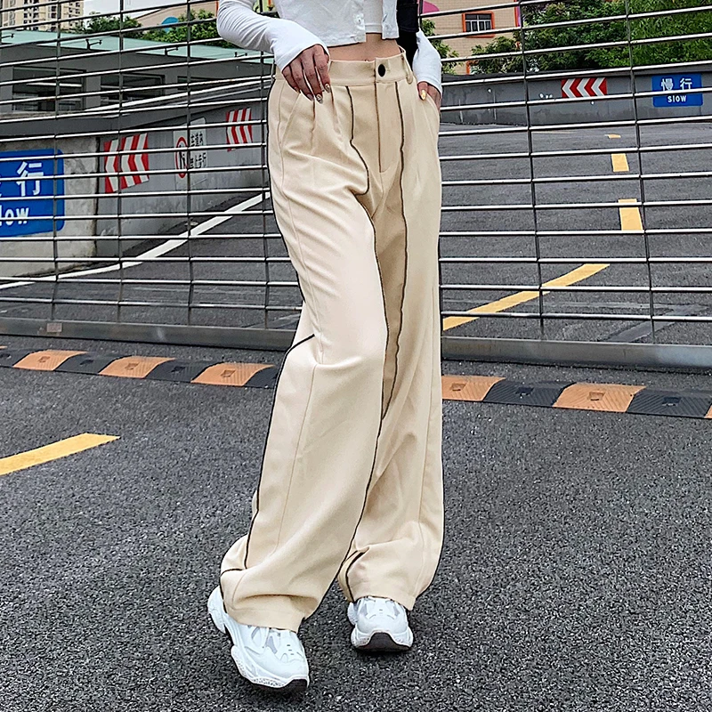 

Casual Loose Ladies Wide-leg Pants Hit Color Stripes Retro Fashion Streetwear High-waist Loose Straight-leg Pants 2023 New Women
