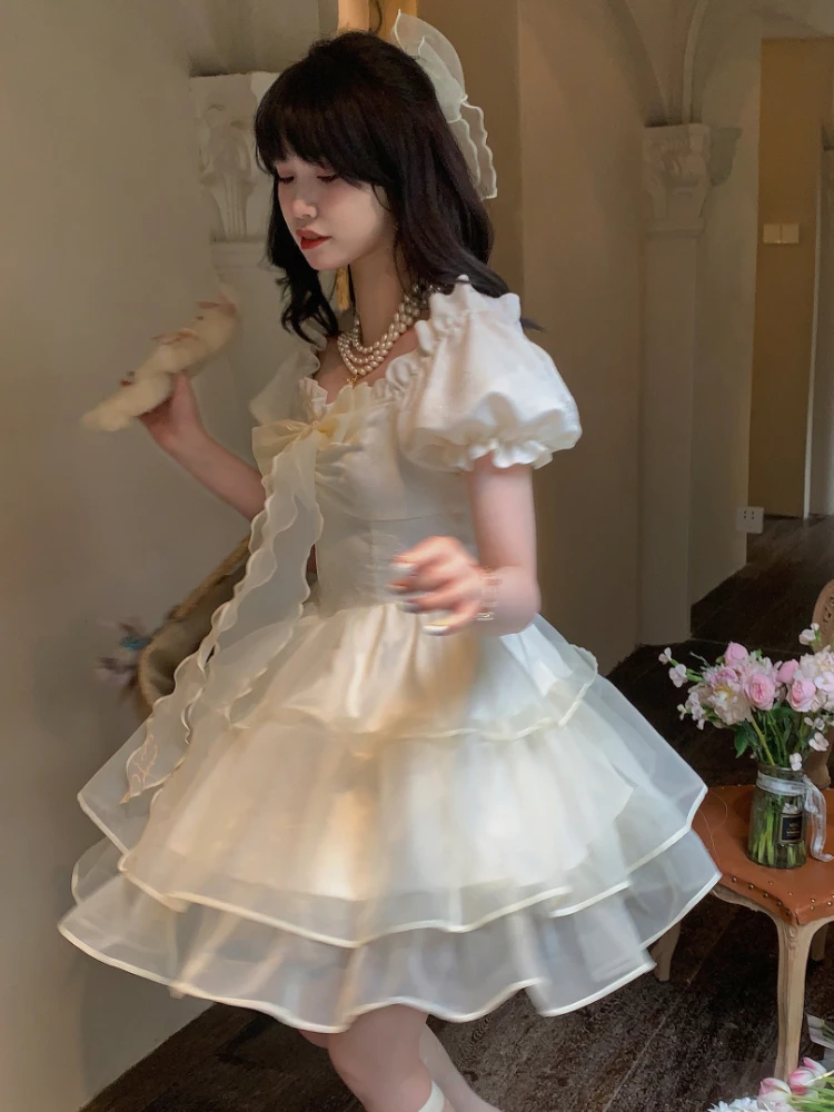 Puff Sleeve Sweet Korean Dress Women Chiffon Japanese Kawaii