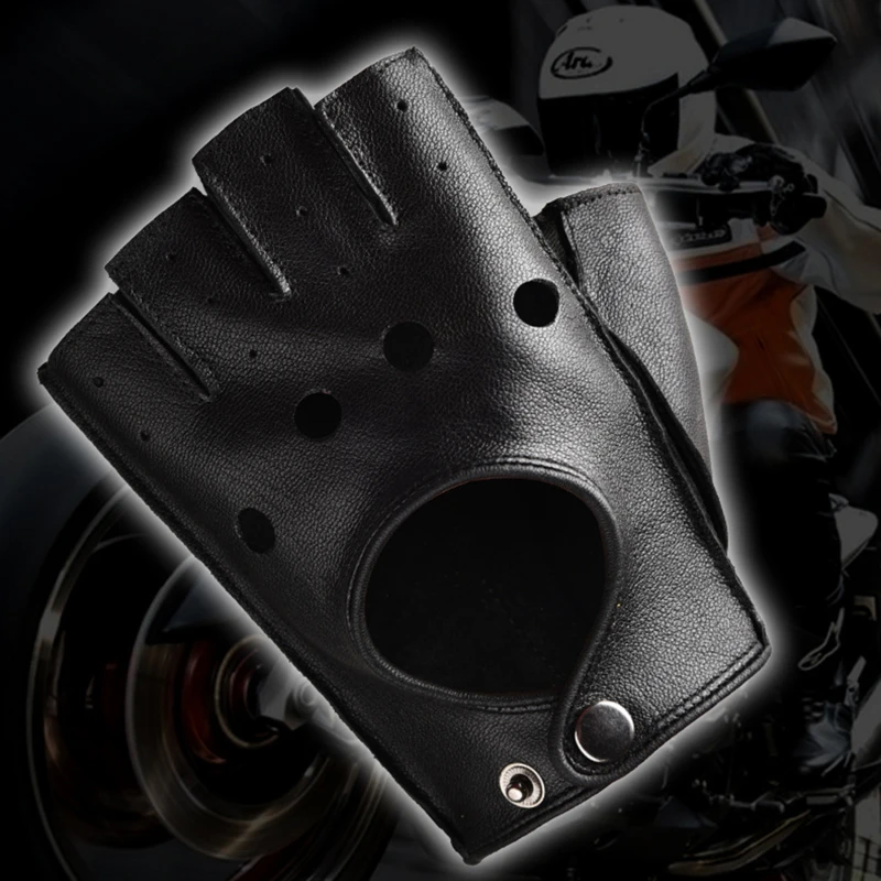 Leather Gloves Men's Half Finger Fitness Sports Driving Anti-skid Strong Wear-resistant Driving Retro Motorcycle Sheepskin Glove 3