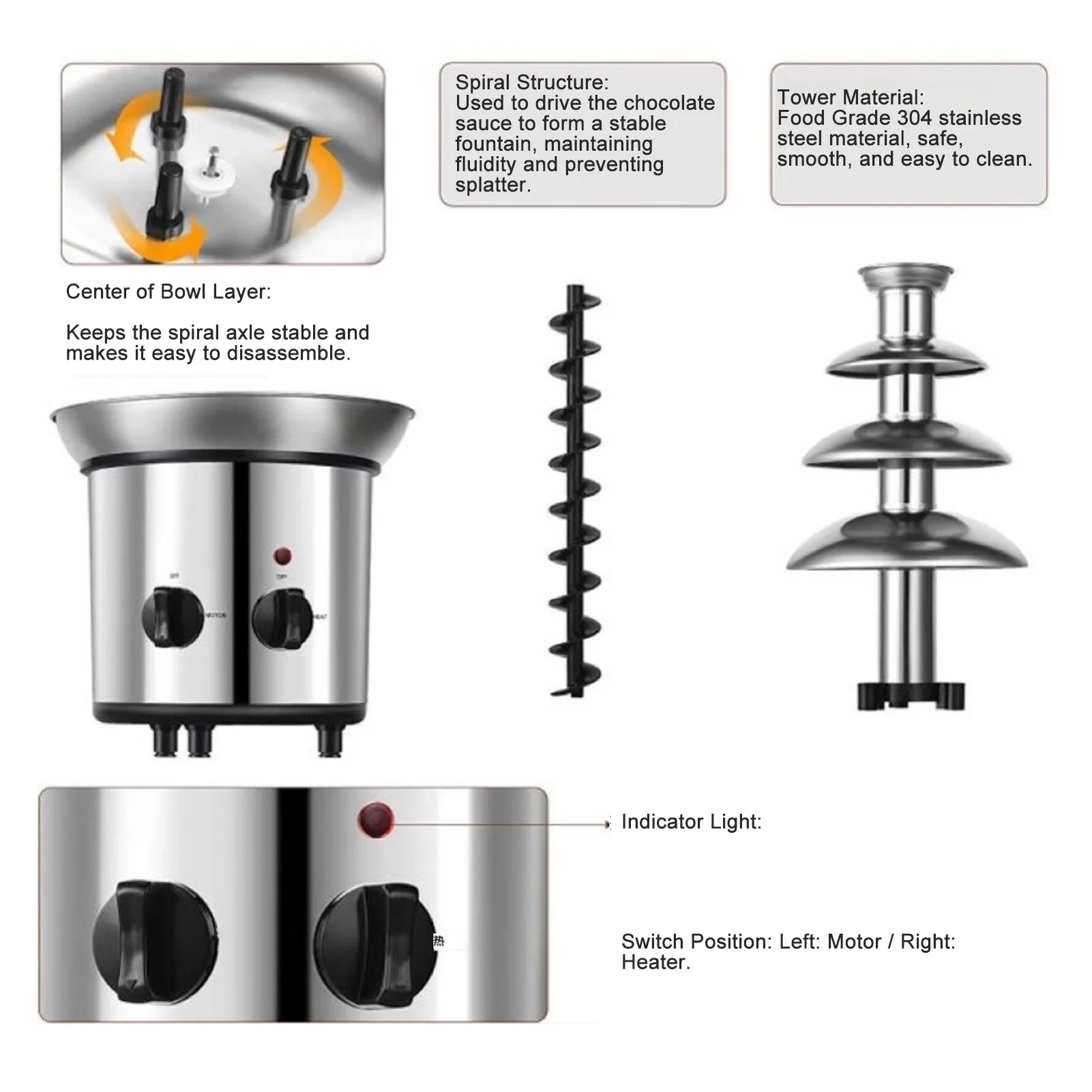 4 Tier Electric Chocolate Fondue Fountain Machine for Party Stainless Steel Quiet Operation Adjustable Temperature Control 110V