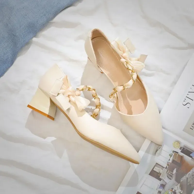 Elegant French Style Women's Shoes New 2024 Fashionable Pointed Toe Four Seasons Versatile Bow Design High Heel Shoes