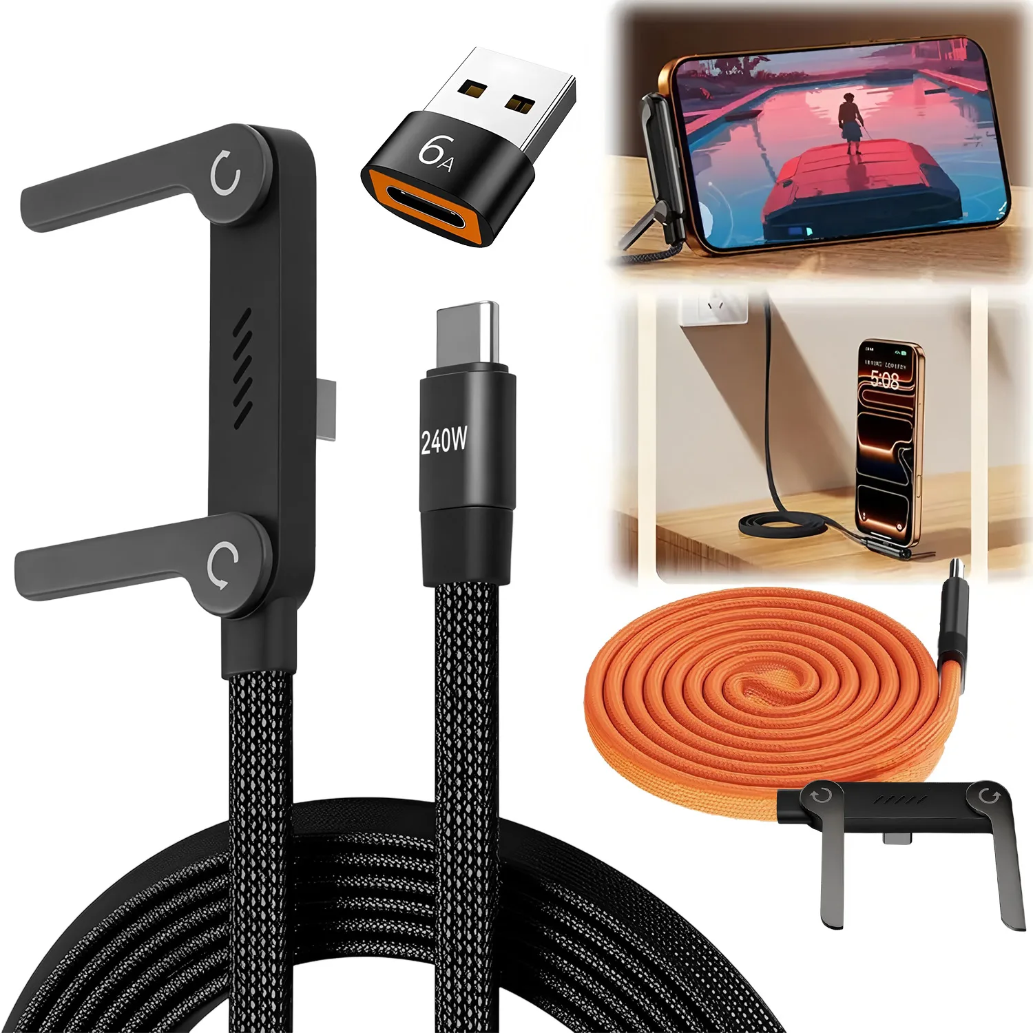 240W 2-in-1 고속 충전 접이식 브래킷 데이터 케이블 C타입 to C타입 USB to C타입 데이터 와이어 OTG 폰 스탠드 포함