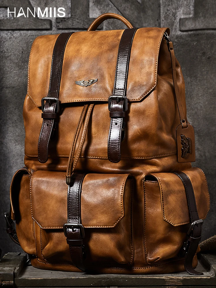 World War II Pepper Salt Genuine Leather Men's Backpacks First Layer Cowhide Vintage Travel Backpack Men's Laptop Bag Schoolbag