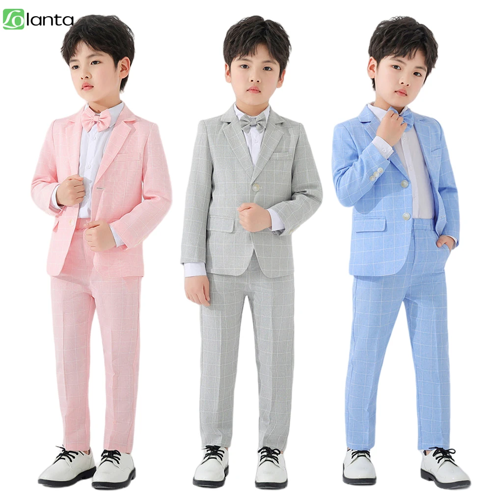 LOlanta Boys Suit Wedding Ring Bearer Outfit Kids Suit Set Plaid Striped Blazer Pants Bow Tie Pink 2-14Years boys suit set