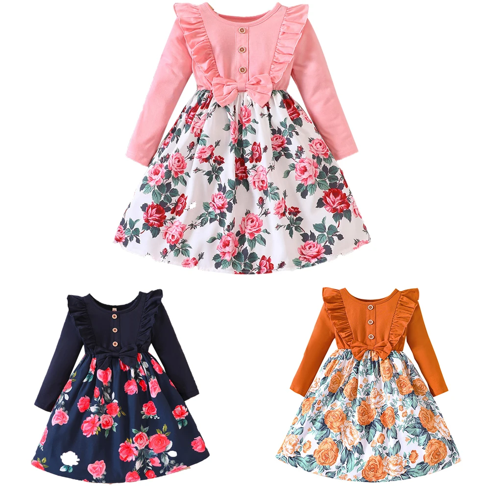 

Осеннее платье с длинным рукавом для детей, трапециевидные Платья с цветочным принтом для девочек, детское платье принцессы с милым цветочным узором, 2023