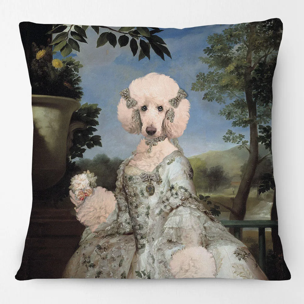 European Royal Court Poodle Dog Animals Oil Painting Cushion