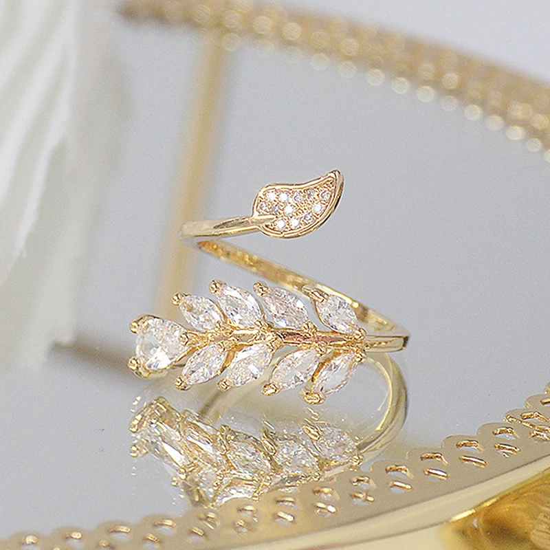 14K Real Gold Full CZ Leave Ring for Women Adjustable Open design AAA Zircon Delicate Daily Jewelry Pendant 3