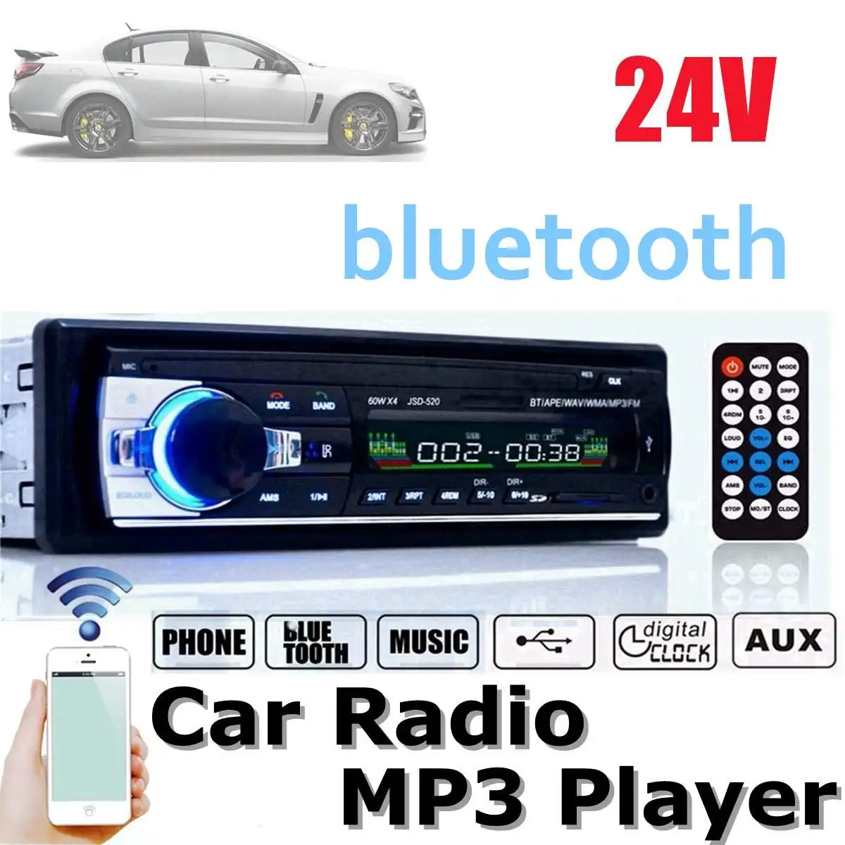 24v Car Stereo Audio bluetooth 1 din Car MP3 Multimedia Player USB MP3