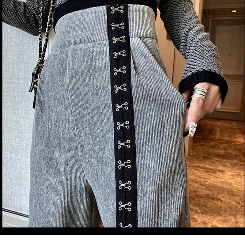 Thick Loose Straight Broad-legged Pants Women's Autumn and Winter 2022 Gray Striped Sweatpants Casual Sporty Trousers Harajuku