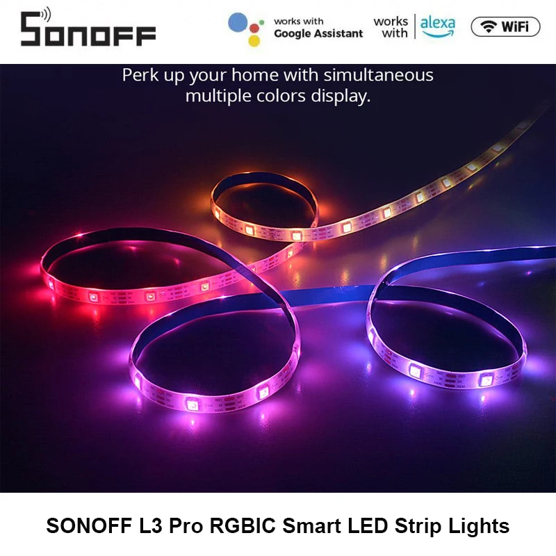 

SONOFF L3 Pro 5M RGBIC Wifi Smart LED Strip Lights 16.4Ft Wireless Remote Voice/ Local Control Type C DC5V Adapter Smart Home