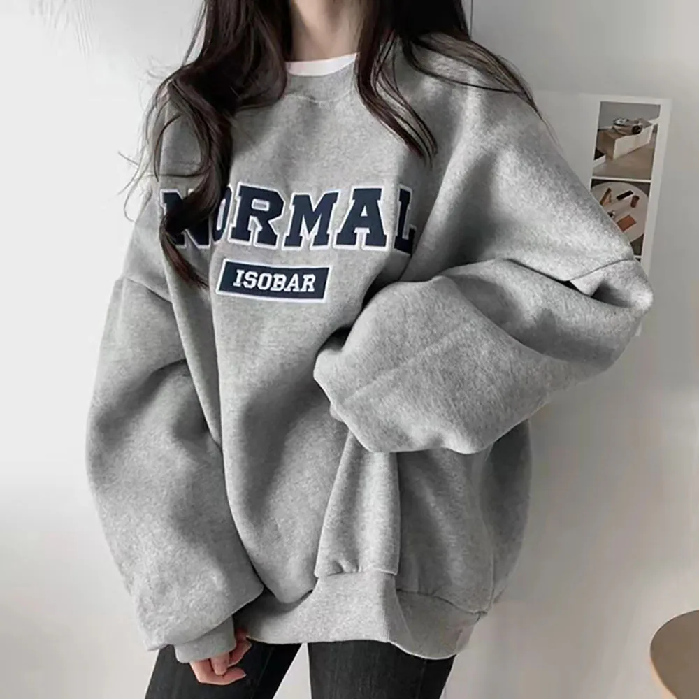 Grey Crew Neck Hoodie For Women Korean Loose Long Sleeve Letter Pullover Tops Spring Fall Casual Simple Fleece Warm Sweatshirt