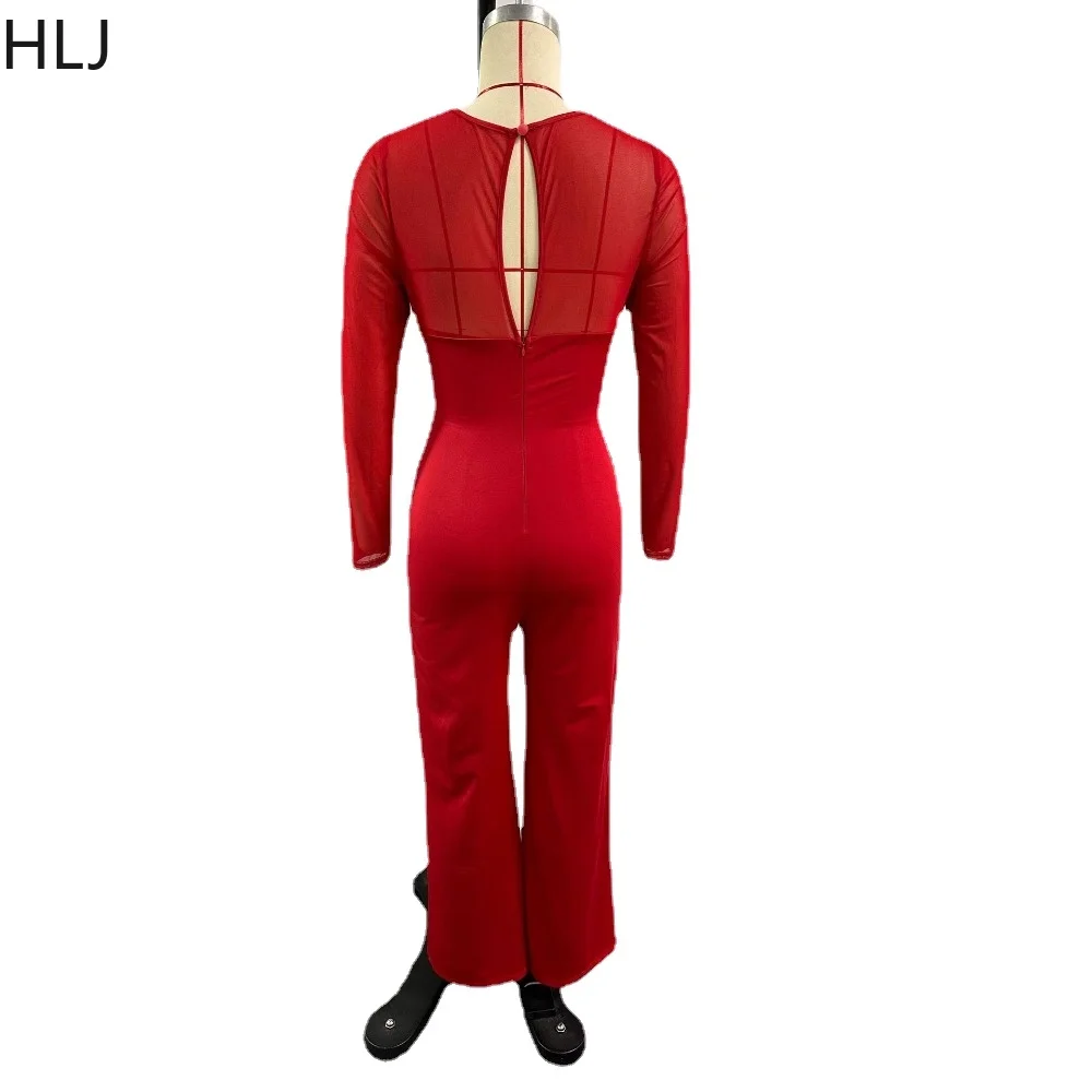 HLJ Red Spring New Patchwork Hollow Jumpsuits Women Round Neck Long Sleeve Wide Leg Pants One Piece Playsuits Casual Overalls