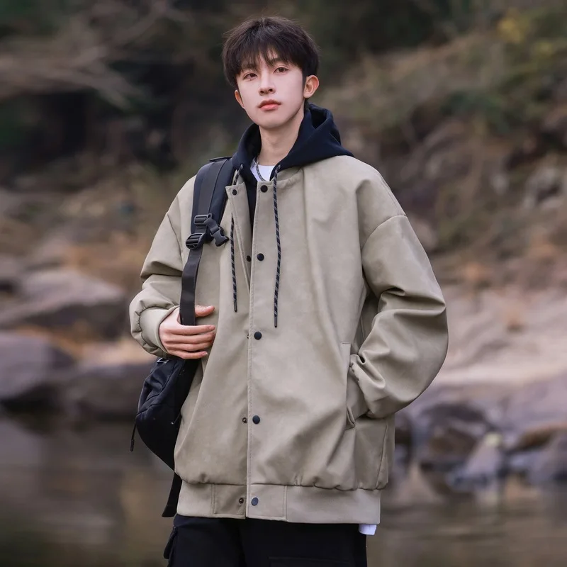 False Two-layer Hooded Jacket Coat Pilot Standing Collar Punching Jacket Casual Boys Waterproof Windproof Warmth Soft