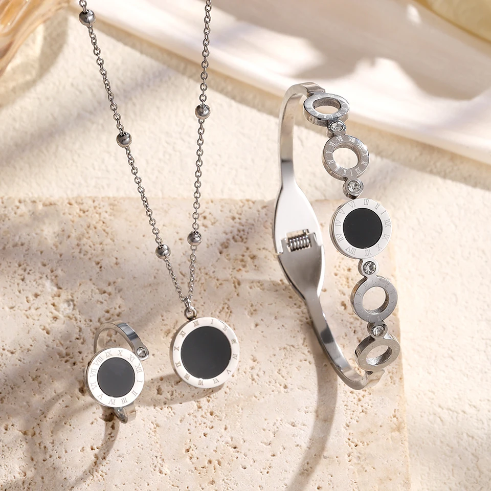 ZAKOL 3Pcs Fashion Roman Numerals Bracelet Ring Necklace Sets for Women Black Shell Hollow Circle Inlaid Zircon Jewelry Gift 2