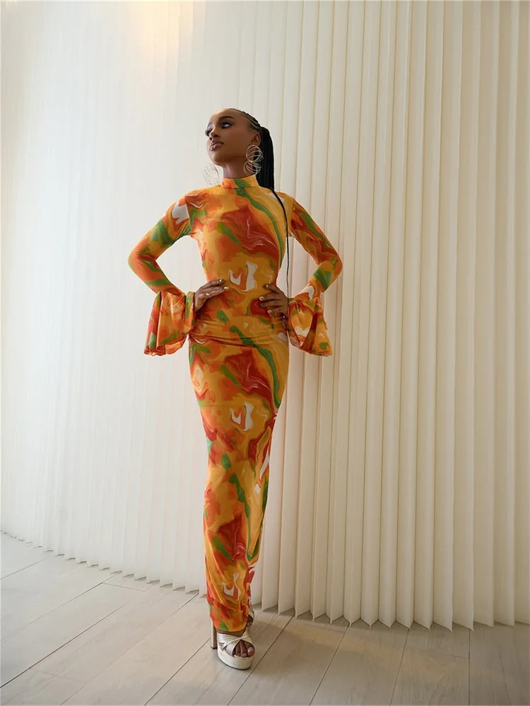 Wmstar Dresses Women Mesh Vintage Print Bodycon Sexy Mesh See Through Flare Sleeve Wrap Hip Long Dress Wholesale Dropshipping