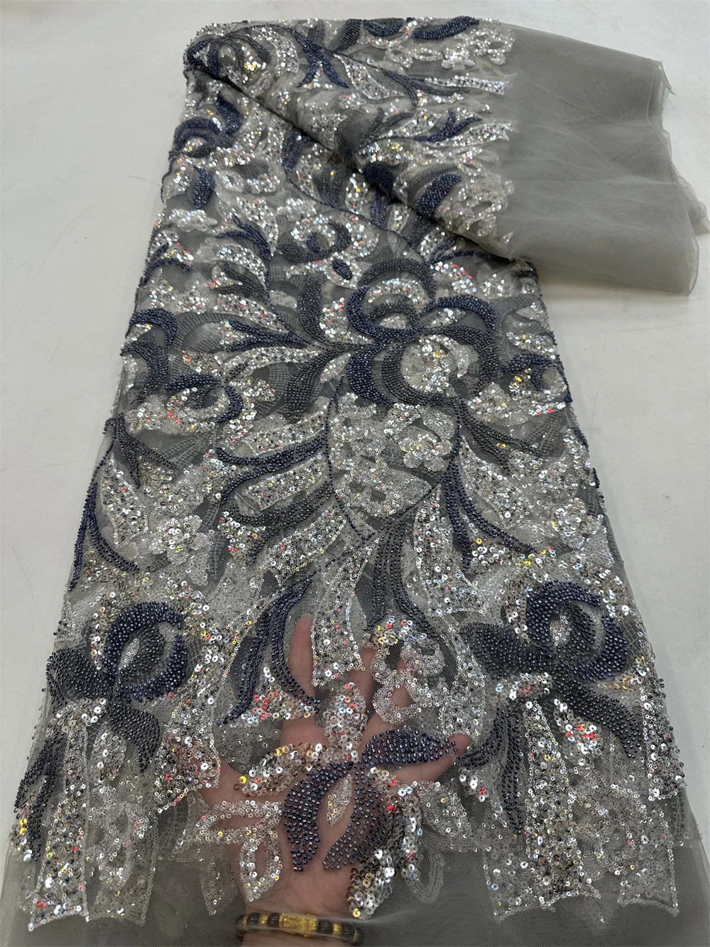 

Luxury Handmade African Nigerian Sequins Beads Tulle Net Lace Fabric Embroidery For Sewing Prom Wedding Party Gown 5Yards QF0796