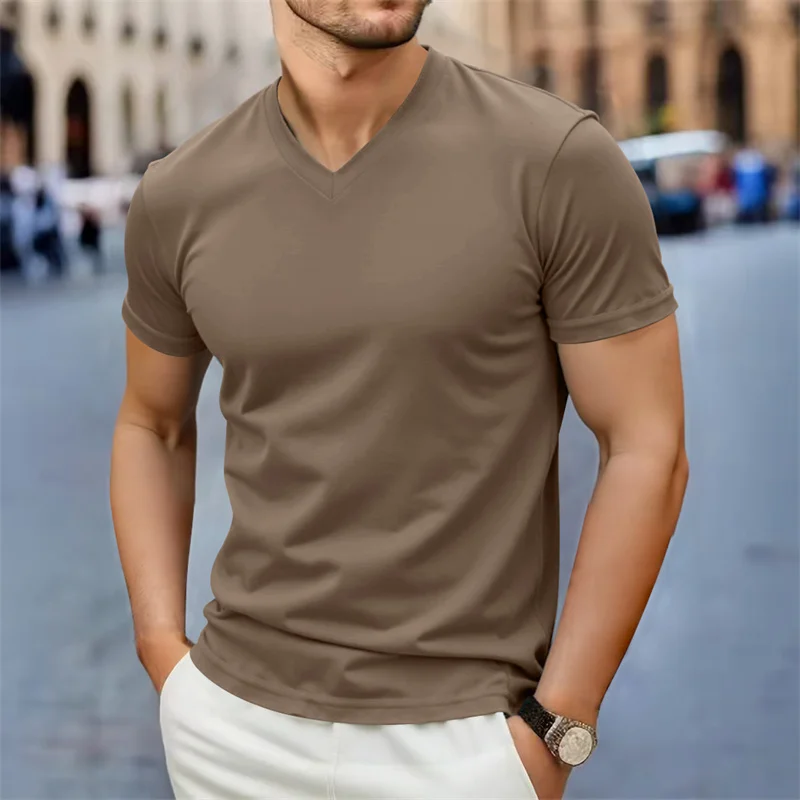 2025 Neue Herren Casual Mode Einfaches V-Ausschnitt Kurzarm-T-Shirt Sommer Bequemes Atmungsaktives Vielseitiges Oberteil – Detail 4