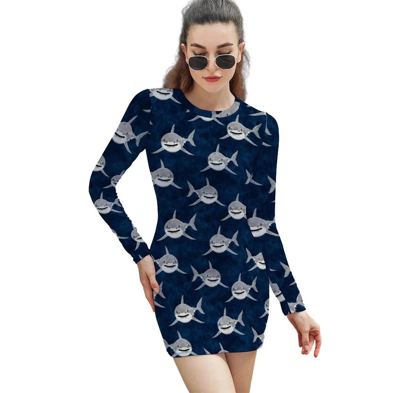 

Shark!-темно-синее платье-футляр с длинным рукавом, летнее платье, женские летние платья 2024 с длинным рукавом
