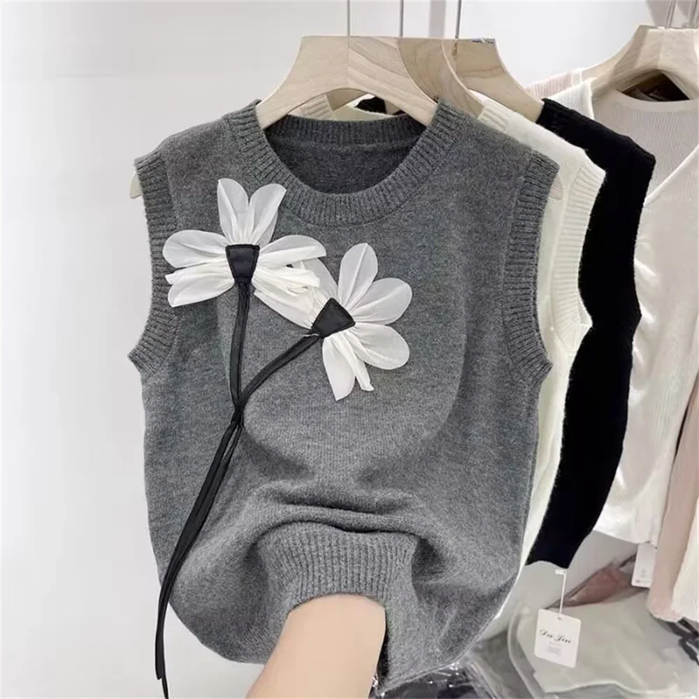 

Vests Women Sleeveless Solid Basic Vintage Korean Style Office Lady Loose All-match Cropped Knitted V-neck Spring Trendy V746
