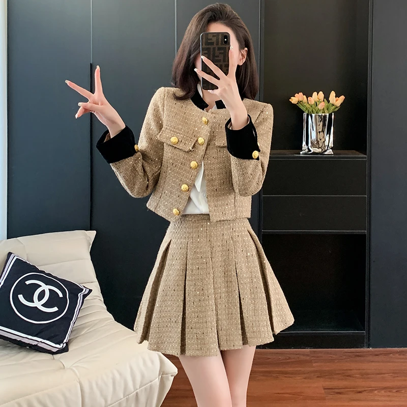 

Small Fragrant Single Breasted Thickened Cotton Tweed Coat Pleated Skirt High Quality Two-Piece Suit