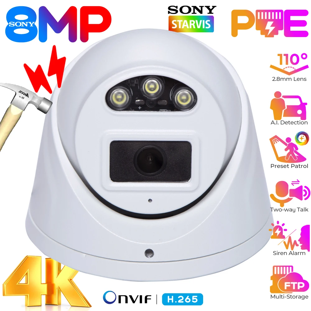 

4К Купол PoE Айпи камера На открытом воздухе и в помещении 8МП Обнаружение людей/транспортных средств Двусторонний разговор Цветное ночное видение Камера безопасности Слот для SD-карты Камеры видеонаблюдения Объектив 2