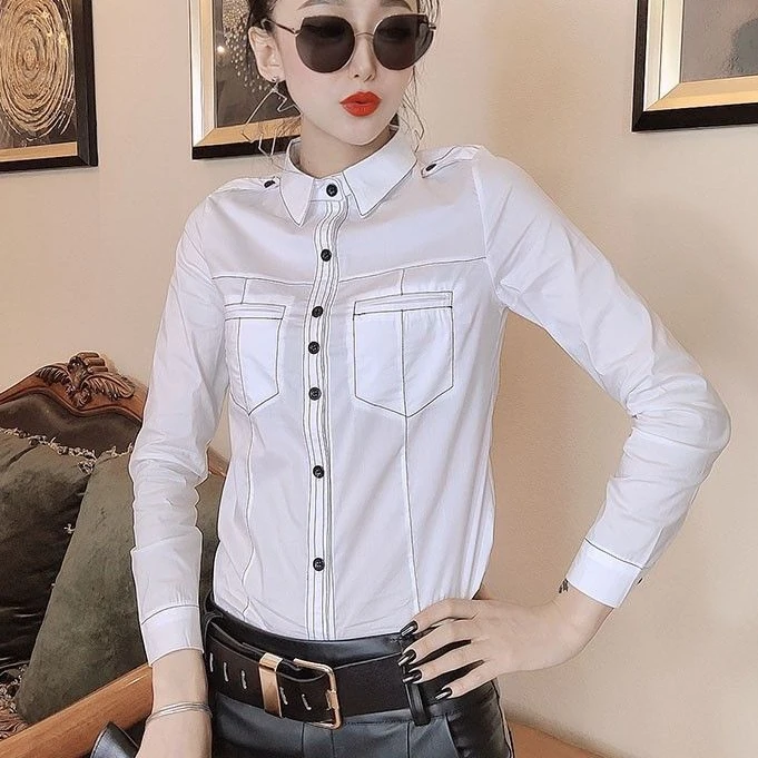 

Two Pockets White Shirts Women Full Sleeve Cotton Tops Female Button Up Shirt Office Lady Long Sleeve Shirt Women