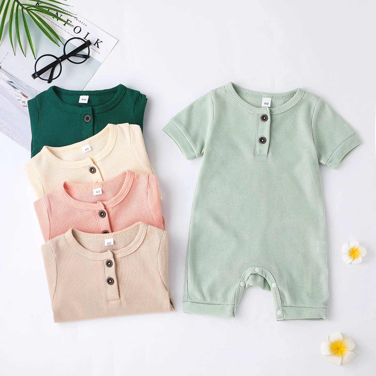 Baby Rompers Baby Jumpsuit Baby Clothing Lovely Baby Girls Boys Romper, Short Sleeve Round Neck Solid Color Ribbed Buttoned Short Pants For Summer Spring, Kids Clothing