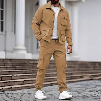 Nuova giacca da lavoro retrò da uomo primaverile e autunnale, pantaloni multitasche, set da uomo duro alla moda, set di due pezzi di pantaloni casual 1