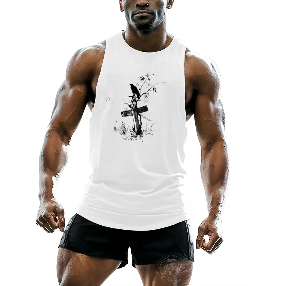 Summer Short sleeve top Sport Style Men's Fashion Casual Fun Crow 2D Cross Print y2k Adult Sportswear rsleeveless vest tops