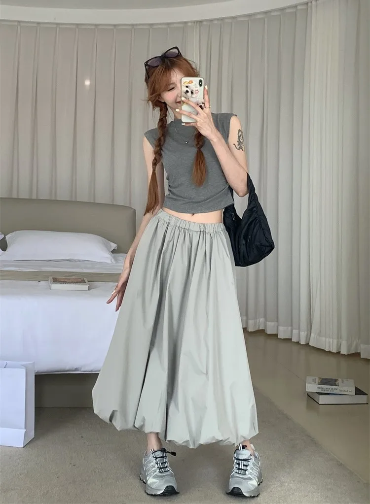 

Женская летняя шикарная юбка-бутон, женская уличная одежда, однотонная длинная юбка с высокой талией, повседневная трапециевидная юбка с эластичным поясом