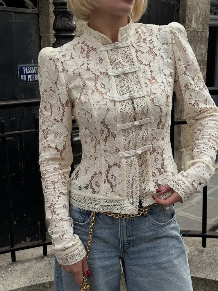 Tossy Summer Lace Printed Shirts Tops Female Hollow Out Fashion Commute Vintage See-Through Blouse Women's Lace Shrug Shirts New