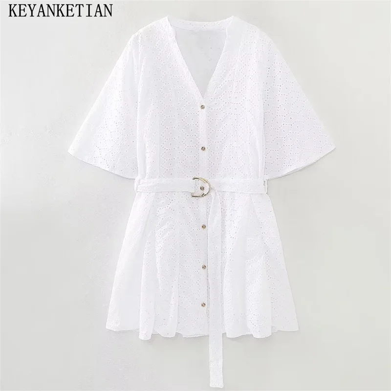 

KEYANKETIAN Summer New Women's Hollow Embroidery Short Dress French Holiday Air Horn Sleeve Belt White Mini Skirt Pure Cotton