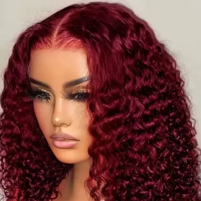 Perruques Lace Front 13x4 en cheveux humains, bouclées crépues, ondulations profondes, avec dentelle frontale HD, couleur bordeaux 99j (couleur vin rouge), pré-épilées, pour femmes 1