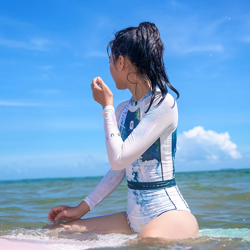Nu-June Women One Piece Swimsuit Printing High Waist Long Sleeve Elastic Hot Spring Dress Plus Size Lady Swimwear Bathing Suit