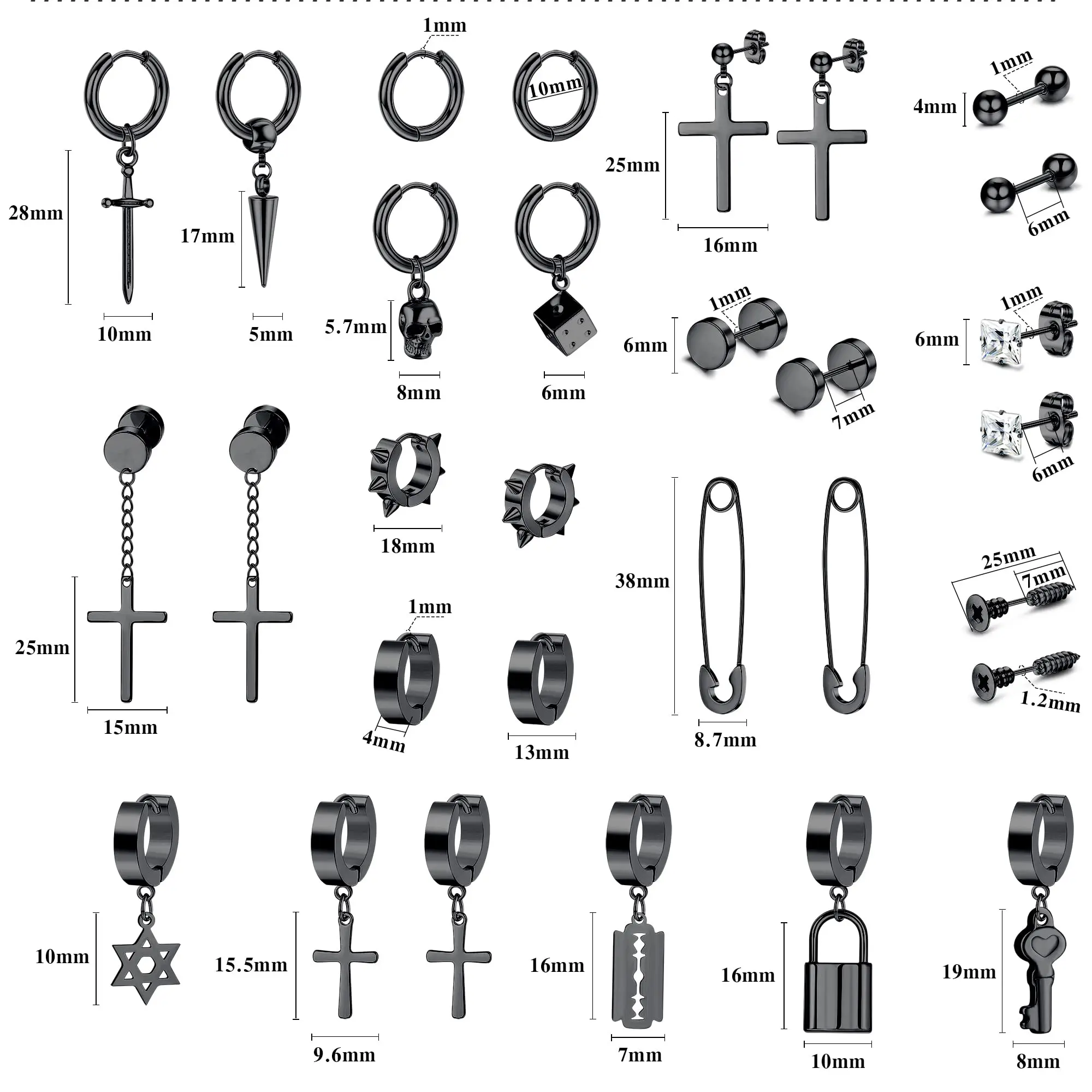 Set 6 Paia Orecchini A Perno In Acciaio Chirurgico 20G Con Zirconi - Sfere 1mm, Ipoallergenici, Per Donna E Uomo