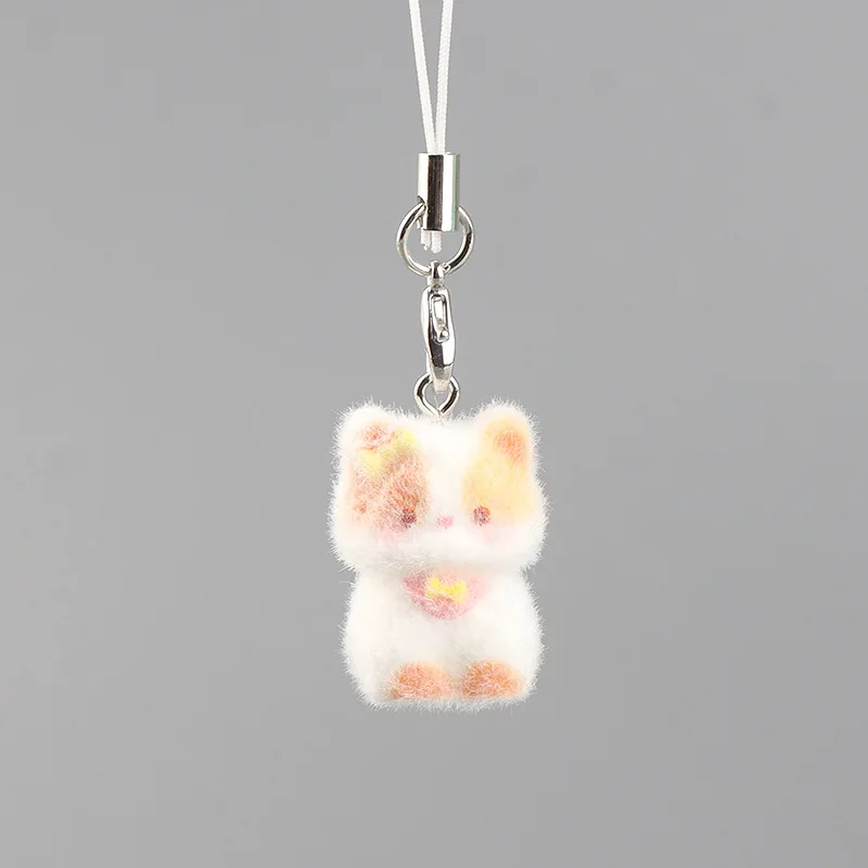 Cute Plush Flocked 3D Resin Cat Keychain Bag Accessory Phone Strap Gift