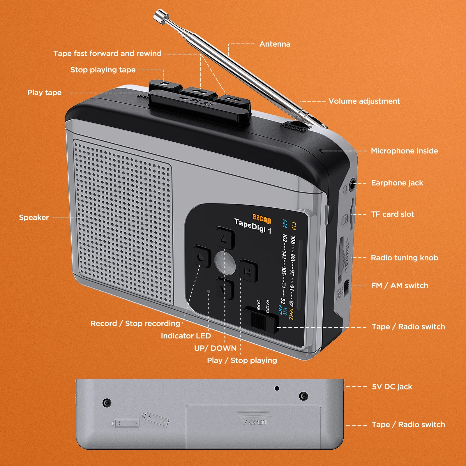 Ezcap Portable Cassette Player with AM/FM Radio Tech Storm