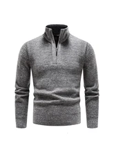  Autumn and Winter New Men's Half High Neck Sweater with Plush and Thick Zipper Pullover Knit Shirt Slim Fit Solid Color Top For 