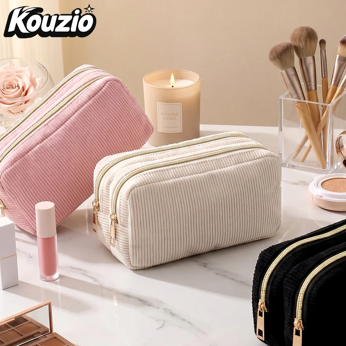 Aesthetic Solid Color Corduroy Pencil Case - Double Zipper Large Capacity Stationery Organizer