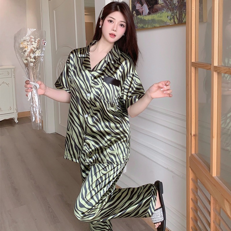 Ice silk loose comfortable zebra print women's pajamas summer new short-sleeved long pants lapel girls homewear two-piece set