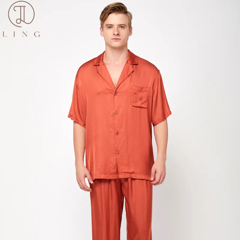 Ling Ginger Orange Silk Satin Mens Pajama Sets Half Sleeve Men's Sleep Lounge Sleepwear Elegant Two Piece Sets M-XXL